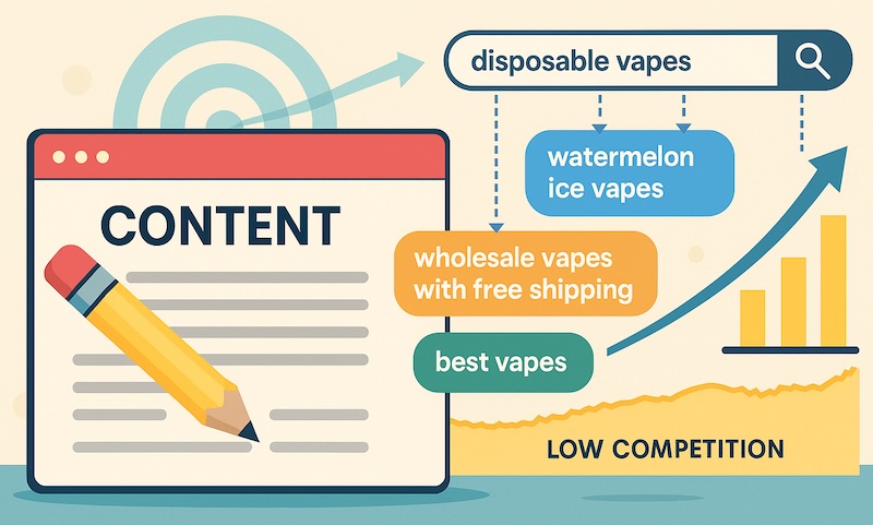 Thematic illustration of an on-site content strategy for marketing a disposable vape brand.