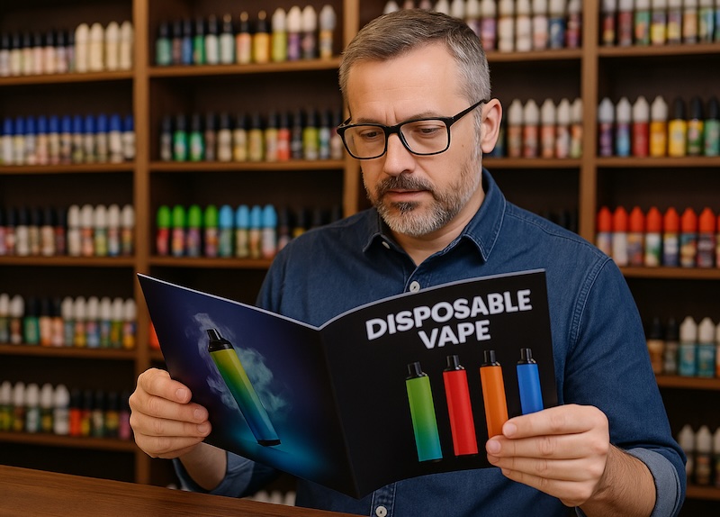 A vape shop owner reads a glossy brochure advertising a disposable vape brand.
