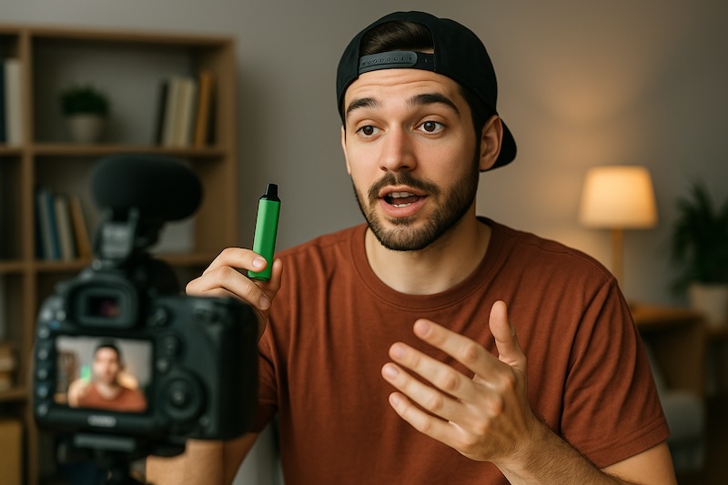 A social media influencer films a video advertising a disposable vape brand.