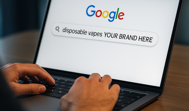 Image of a person searching Google with the text "disposable vapes YOUR BRAND HERE."