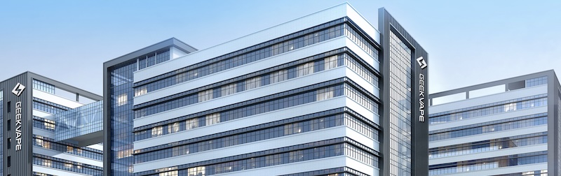 A large corporate building with the text "Geekvape" on it.